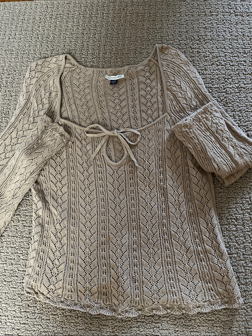 American Eagle tan Openwork Knit Tie-Front Sweater